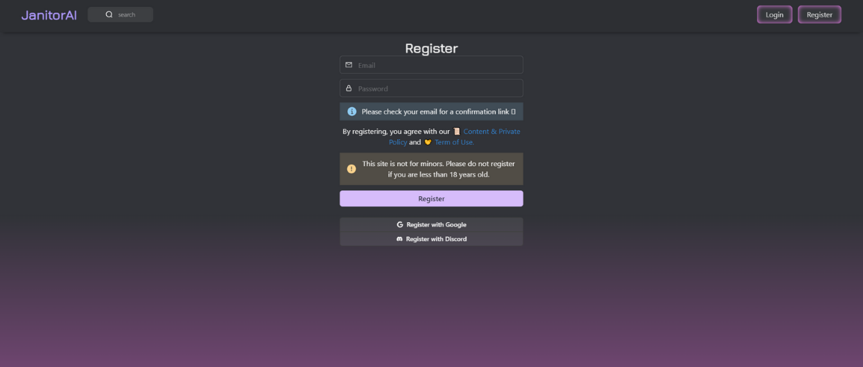 Janitor AI register page